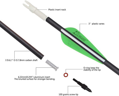 Carbon Arrows for Archery Bow - Hunting Target Practice with Removable Tips | 26, 28, 30 Inch, Spine 500, 6PCS/12PCS