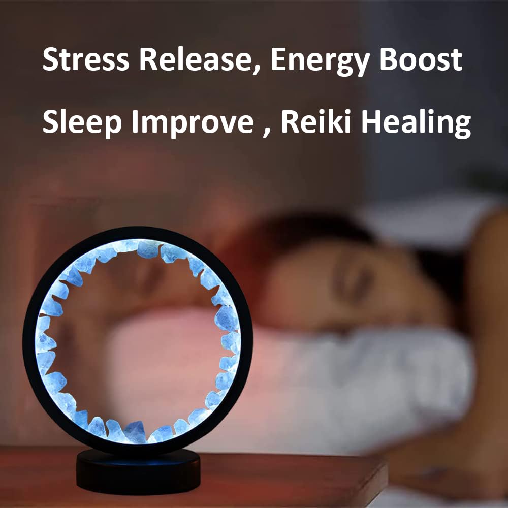 Runyangshi Celestite Night Light 8.6" Natural Healing Crystal Bedside USB Port 3 Colours Dimming Mode Bedroom Lamp Suitable Night Lamp Ideal Gift