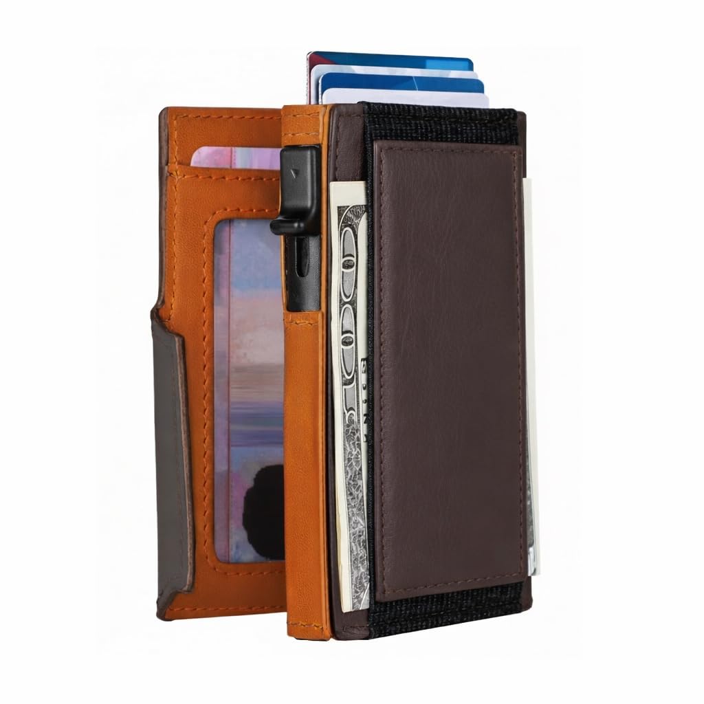 SparkMark Minimalist Pop Up Wallet for Men | RFID Blocking Credit Card Holder Wallet with Money Clip | Mens Wallet Slim Bifold Front Pocket Metal Case with Gift Box (Genuine Full Grain Leather)