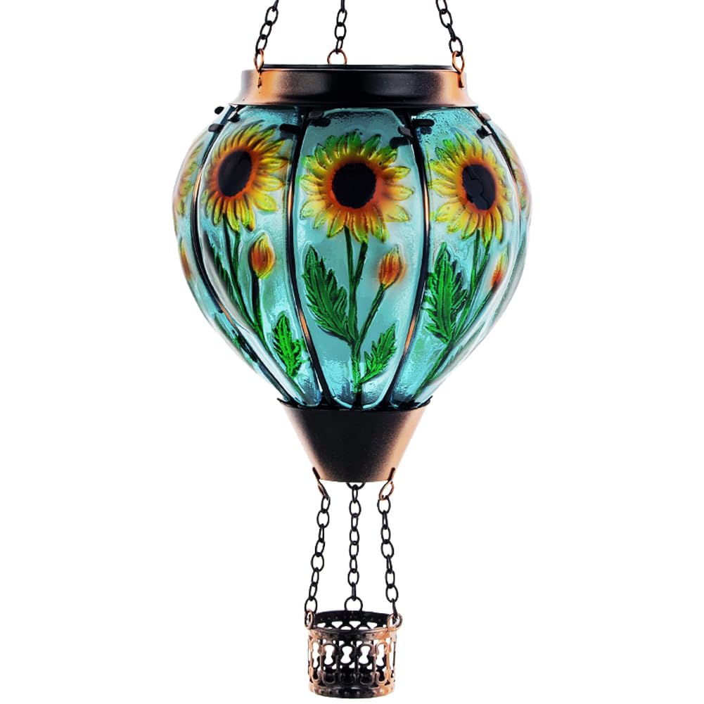 Starsoul Sunflower Hot Air Balloon Solar Lantern Glass Outdoor Hot Air Balloon Solar Flickering Flame Light Hanging Solar Lanterns Outdoor Waterproof Garden Patio Yard Party Decor
