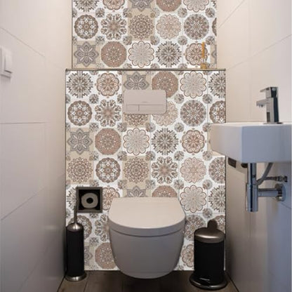 24PCS Mandala Tile Stickers Set, Peel and Stick Wall Tile Wall Decor for Home Bathroom Kitchen,Wall Sticker Backsplash Waterproof PVC Decoration Stickers, 4x4 Inch (Brown)