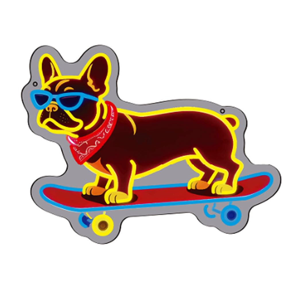 French Bulldog Skateboarding Neon Sign, Skateboard Dog Frenchie Wearing Glasses Neon Signs, Dimmable LED Bulldog Wall Art Decor, Frenchie Dog Lover Gifts