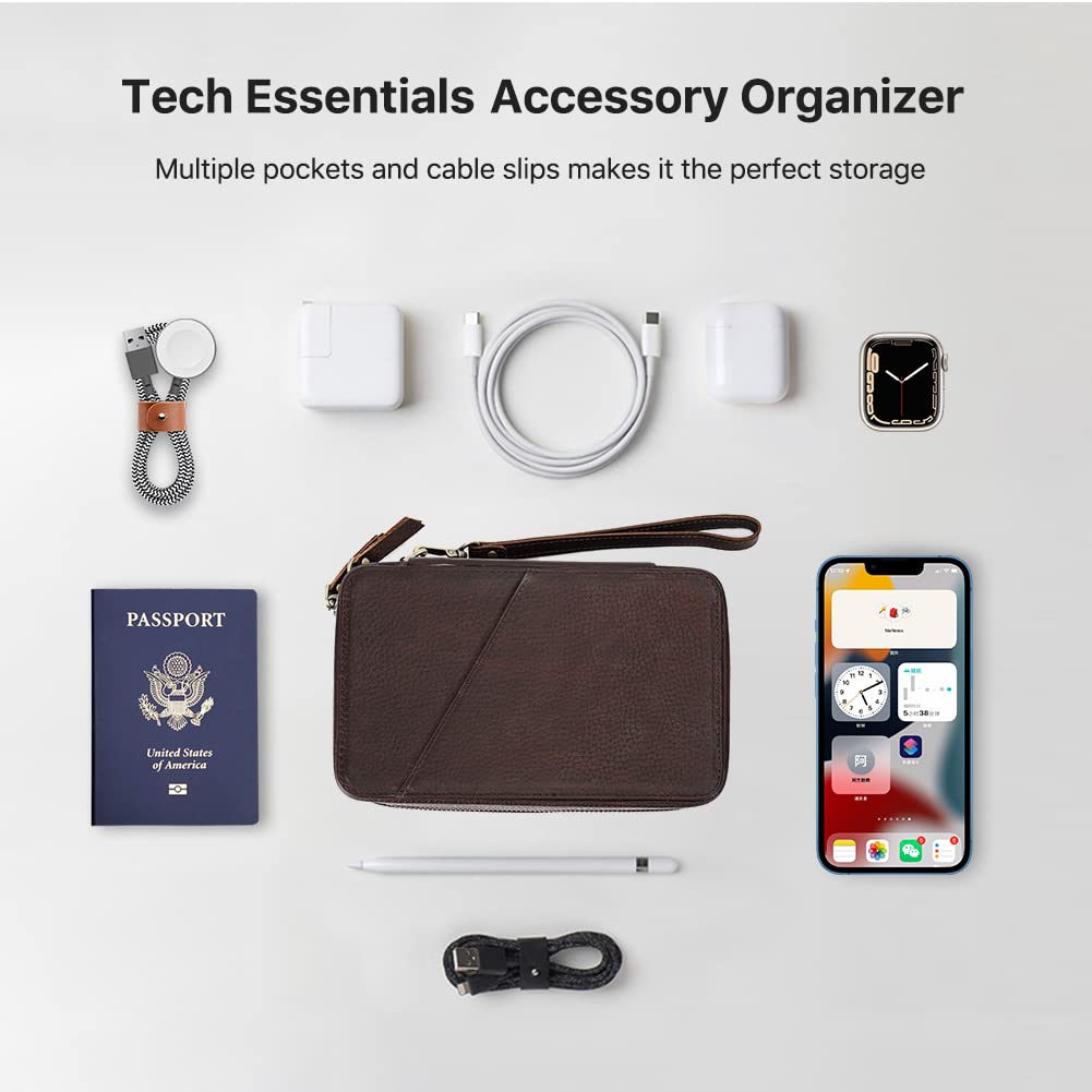 CONTACTS Full Grain Leather Electronic Organizer Travel Tech Case Electronics Accessories Storage Box Portable Holder for for Charger, Cables, Power Bank, Mouse