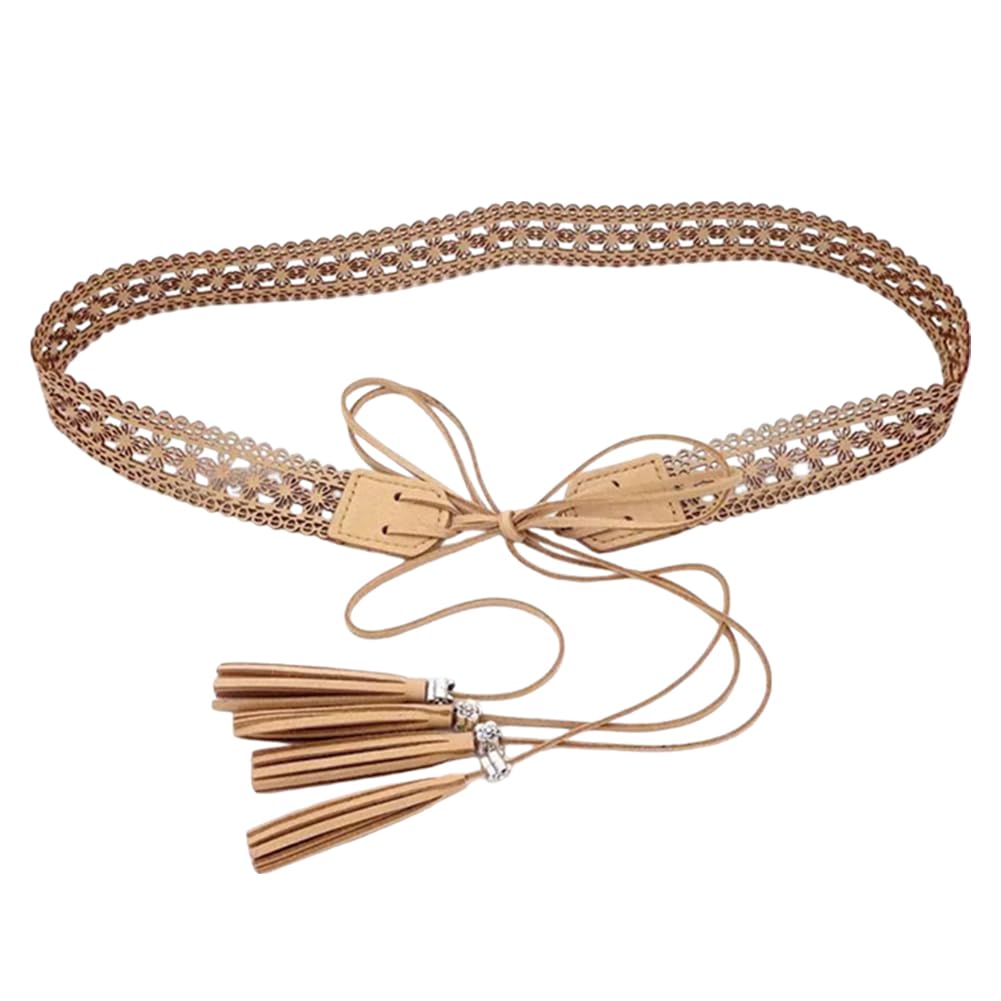 CALFOVERA Woven Knotted Waist Belt PU Leather Boho Tassel Waistband 66.54 x 1.12 Inch Vintage Bohemian Hollow Belt with Wax Rope Western Ethnic Macrame Waistband for Women Dress Skirt (Bisque)