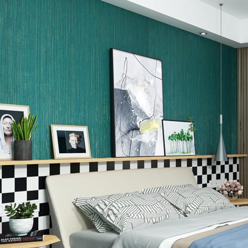 FunStick Teal Green Grasscloth Wallpaper Peel and Stick Textured Fabric Linen Wallpaper Self Adhesive Faux Grasscloth Contact Paper for Room Walls Cabinets Furniture Drawers Desk Removable 15.8"x78.8"