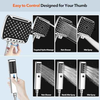 JDO High Pressure Shower Head, 7 Spray Modes Rain Shower Heads with Handheld Spray Combo, Dual Showerhead with 10 Inch Rainfall Spray, Detachable Hand Held Shower, Stainless Steel Hose, Power Wash