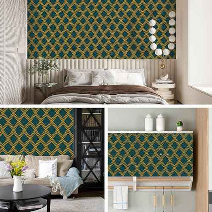 Ohmywor Peel and Stick Wallpaper Dark Green and Gold Wallpaper, Diamond Geometric Wallpaper Contact Paper, Self Adhesive Removable Decorative Trellis Wall Covering Vinyl 17.7"x118"