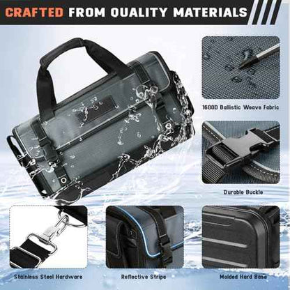 Heavy Duty Tool Bag with Wide Mouth, Full-Open Tool Bag, Tool Box Organizer Storage, Tool Tote with Adjustable Shoulder Strap, Portable, Waterproof, Multi-Pockets, Molded Base, Blue-grey