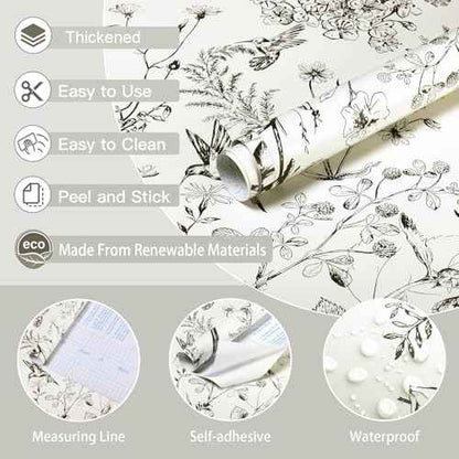 Safiyya Peel and Stick Wallpaper Floral Birds Contact Paper Black and White Wall Paper Peel and Stick Modern Boho Removable Self Adhesive Wallpaper Vinyl Rolls 118"x17.3"