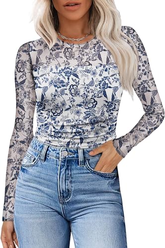 XIEERDUO Women's Sexy Sheer Long Sleeve Tops Crew Neck Mesh Ruched Going Out Shirts Blouse Date Night Outfits