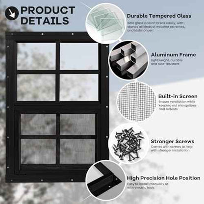 Shed Windows 2 Pack, Chicken Coop Windows 12" x 18" with Tempered Glass and Fiberglass Screen, Flush Mounted Small Window for Shed, Barns, Playhouse, Household, Garage (Black)