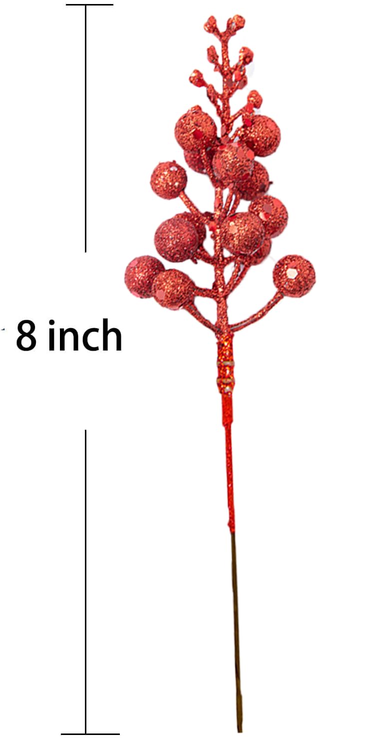 floenam Christmas Tree Decorations, Red Christmas Glitter Berry Stems 8 Inch, Artificial Christmas Filler Berries Picks for Christmas Tree Ornaments DIY Xmas Wreath Holiday Home Decor