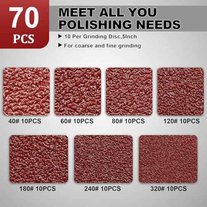 5 Inch Sanding Discs Hook and Loop, 70 PCS 8 Hole Adhesive Sandpaper, Including 40/60/80/120/180/240/320 Grit for Random Orbital Sander