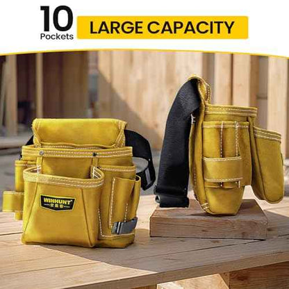 Leather Tool Pouch, Multiple Pockets, Tan Suede Construction, Professional Carpenter Utility Bag
