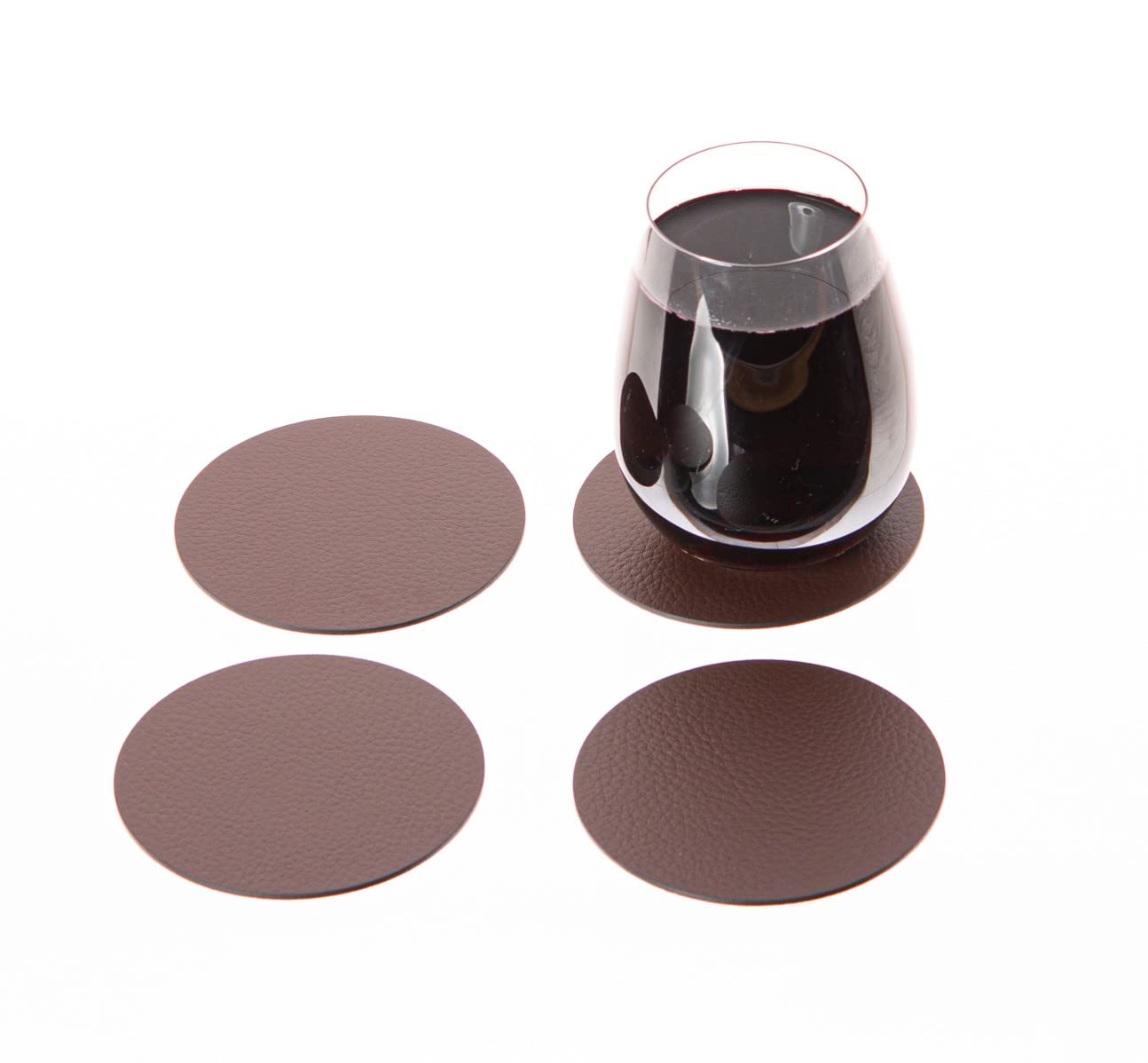 Nikalaz Set of Small Round Brown Placemats and Coasters, 4 Table Mats and 4 Coasters, Place mats 12.99 inches, Recycled Leather (Brown)