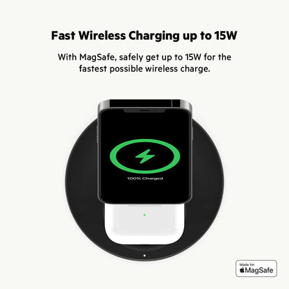 Belkin 2-in-1 MagSafe Wireless Charging Dock 15W Fast Charge iPhone Charger Compatible with iPhone 17, 16, 15, and 14 Series, AirPods, Pixel 10, and Other MagSafe Enabled Devices, PSU Included - Black