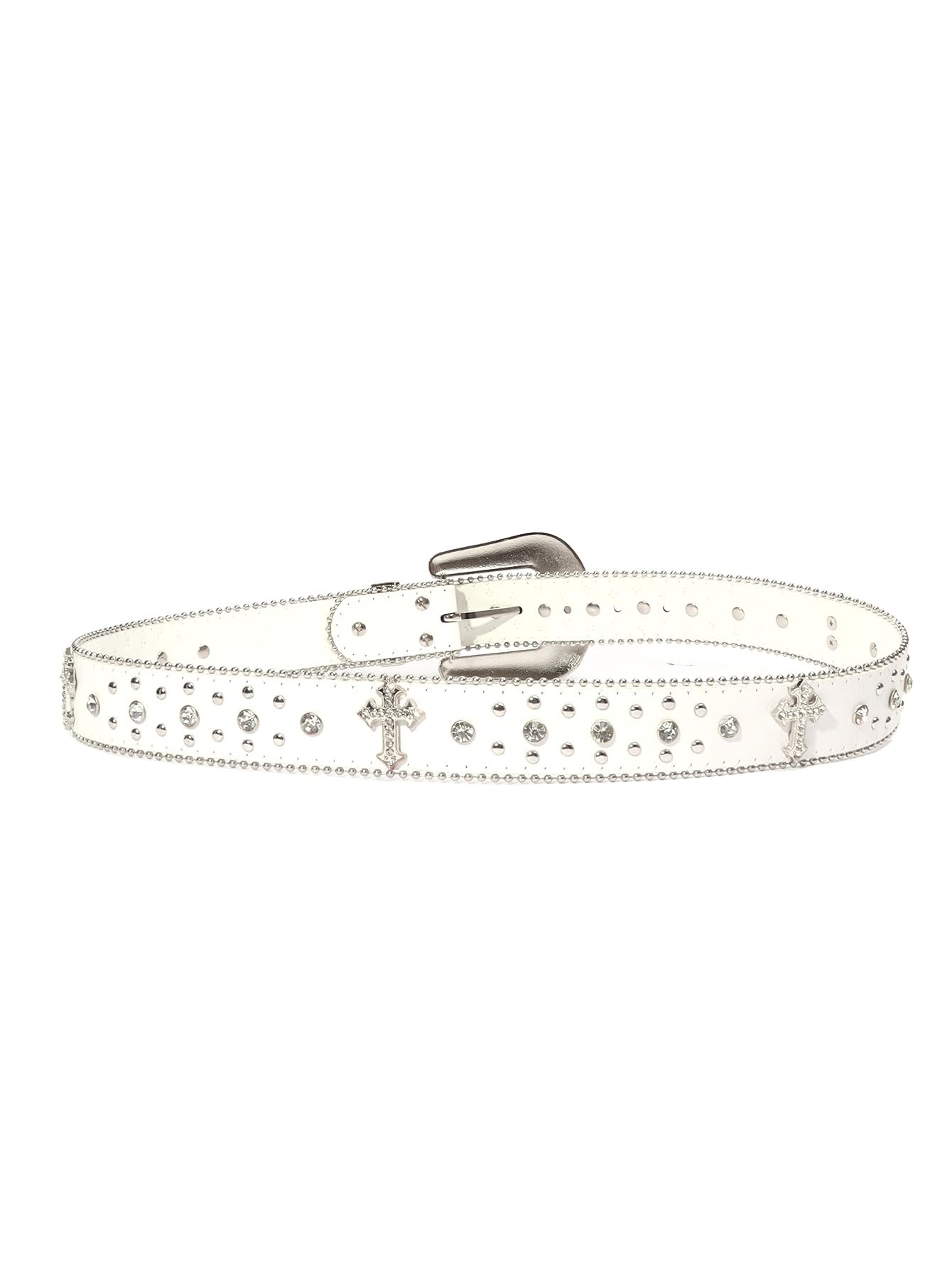 Strapvia Rhinestone Belt for Men & Women, Western Cowboy Cowgirl Belt with Bling Cross Design for Jeans (Full white, waist size 38"-41")