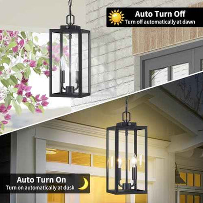 Large Outdoor Pendant Light 2-Light, 15'' Dusk to Dawn Modern Black Metal Outside Chandelier Exterior Hanging Fixture Ceiling Mount with Clear Glass for Front Porch Entrance Foyer Entryway, 1 Pack