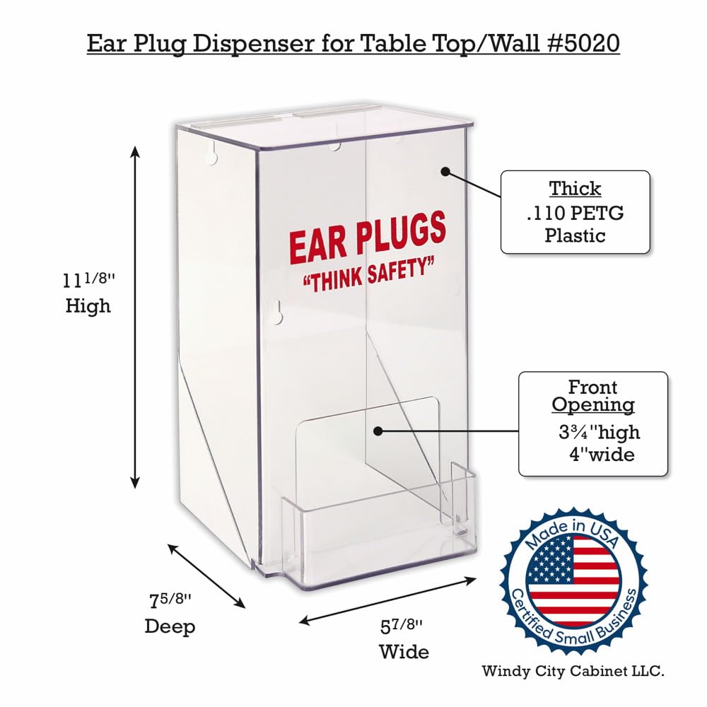 Windy City Cabinet Ear Plug Dispenser - Table Top or Wall Mount - Holds 100 Pairs - Hinged Top & Front Pocket - Durable PETG Plastic - Shatter-Resistant PPE Box - Made in USA