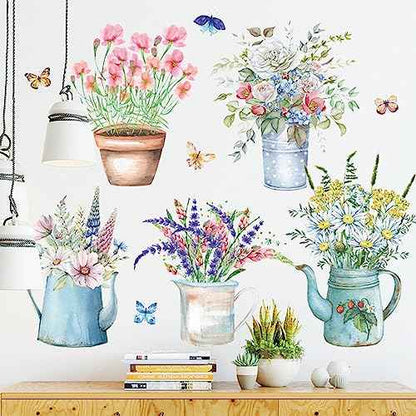 Wall Decals, Butterfly and Flower Pots Pattern, Floral Theme Stickers