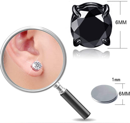 LIUJZZJ 6 Pairs Stainless Steel Magnetic Earrings for Men Women Girls Magnetic Stud Earrings Clips Tunnel Ear Clips Without Ear Hole Non Piercing Earrings Set Black Silver Tone, Stainless Steel