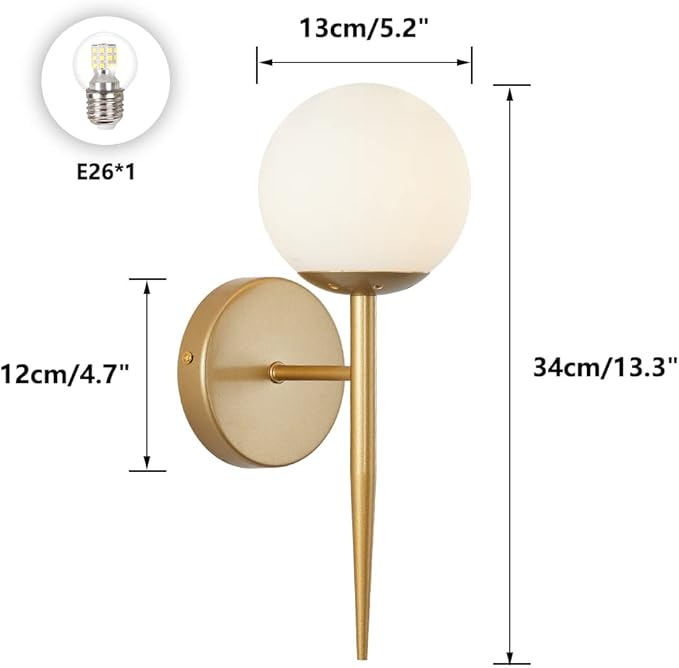 BOKT Mid Century Modern Globe Wall Sconce Set of Two Brushed Brass Bathroom Wall Sconce Light Set of 2 Frosted White Glass Gold Wall Lamp 2-Pack Bedroom Wall Lights (White)