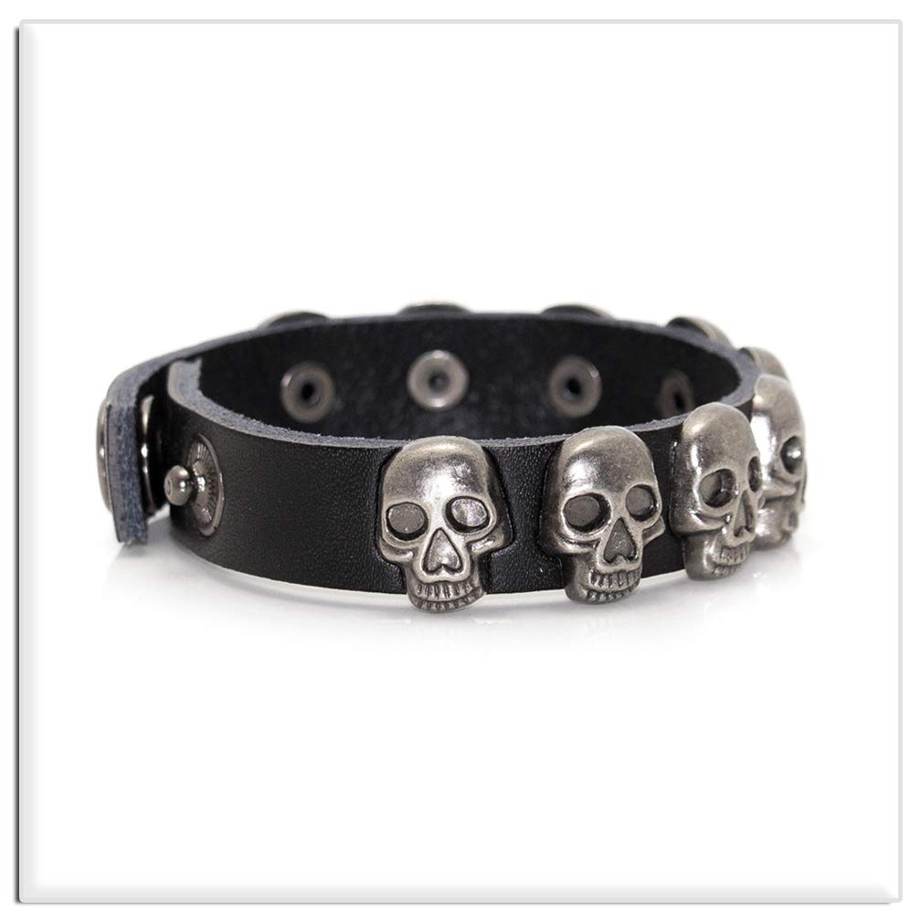 Xusamss Punk Rock Alloy Buckle Leather Wristband Skull Cuff Bracelet(Black Leather)