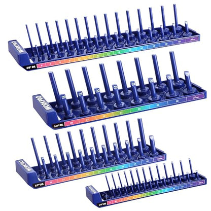 WORKPRO Socket Organizer Set, 4PC Impact Socket Holder, 1/4", 3/8", 1/2" Drive Metric Socket Trays, Impact Socket Organizer for Tool Box Drawer, Socket Storage Holds 94 Pieces (Socket not Included)