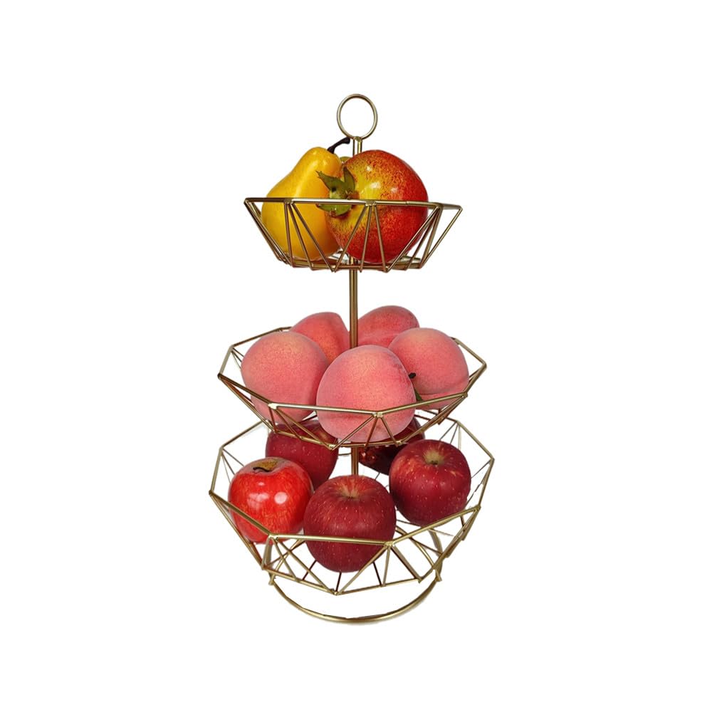 3 Tier Fruit Basket Bowl Stand for Kitchen Counter, Tiered Metal Wire Serving Stand Holder, Vegetable Storage Basket Organizer Trays, Detachable Multi Layer Snack Food Dessert Display Stand (Gold)