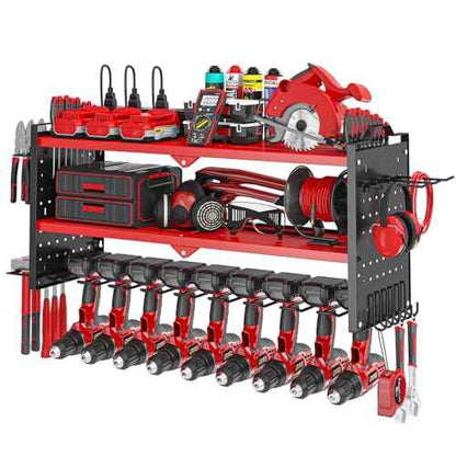 Power Tool Organizer Wall Mount with 9 Drill Holder, Cordless Tool Organizer and Storage Rack, Garage Heavy Duty Metal Shelf Organization for Battery, Tool Box, Hammer, Screwdriver£¨Red£©