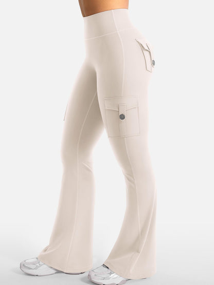 YEOREO CoreFlex Women Workout Flare Leggings with Pockets Hidden Scrunch Cargo Gym Yoga No Front Seam Leggings Light Khaki M
