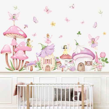 9 Sheet Fairy Mushroom Wall Decal Woodland Pink Mushroom Spring Floral Mural Sticker Peel and Stick Forest Nursery Wallpaper Decal for Bedroom Living Room Playroom Decor