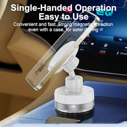 Vacuum Magnetic Phone Holder with 720° Rotation, Strong Suction Cup Mount for Car Dashboard, Windshield, Desk or Mirror – Universal Fit for Smartphones – Reusable, Adjustable, Stable Grip(White)