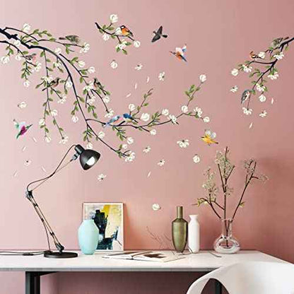 Green Vine Wall Decal White Flowers and Birds on Branch Natural View Wall Sticker DIY Detachable Peel and Stick Wall Art Mural for Living Room Bedroom offcie Home Decor