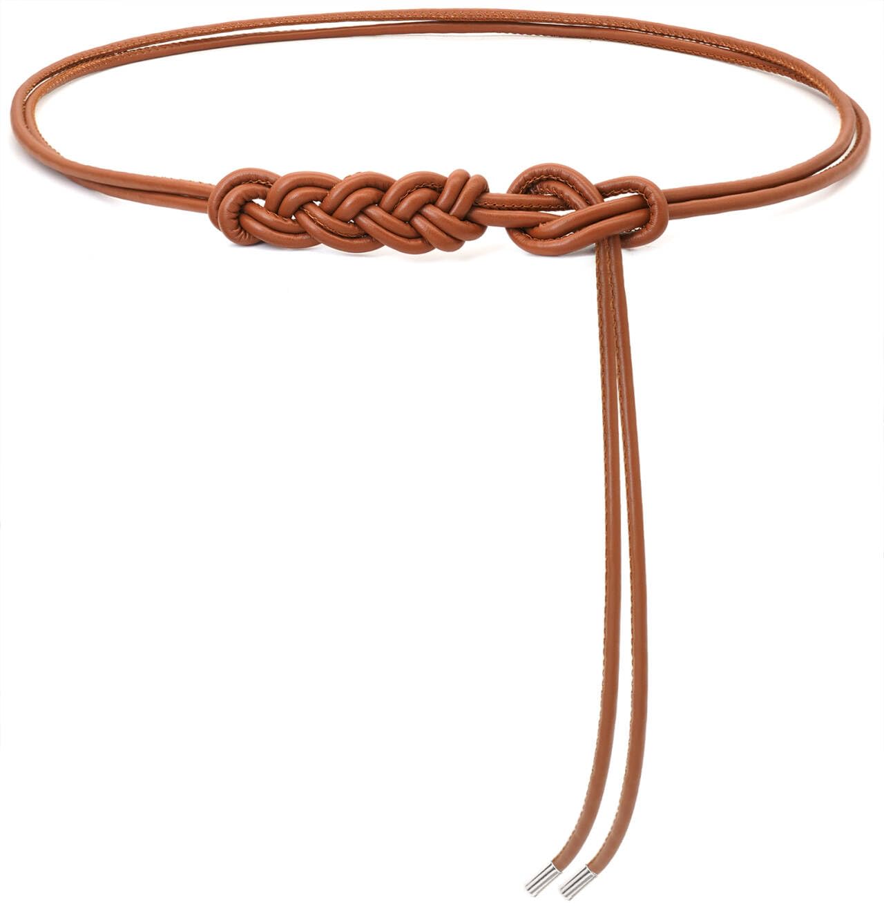 BAOKELAN Women Knot Thin Belts Skinny PU Leather Belts Boho Waist Belt for Dresses Brown 130CM