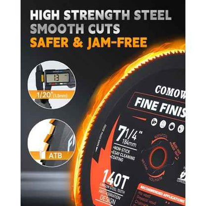 COMOWARE 7-1/4¡° Circular Saw Blade, 140T Table Saw Blade, 5/8" Arbor, ATB Circular Saw Blade, Anti-Vibration, Teflon Anti-Stick, Miter Saws Blades for Wood, Laminate, Plywood & Hardwoods