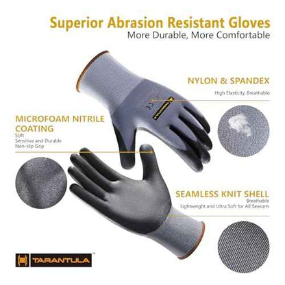 Tarantula Safety Work Gloves for General Purpose Nitrile Coated 12 pairs, Seamless Knit Breathable Nylon Glove with Black Micro-Foam Nitrile, Medium