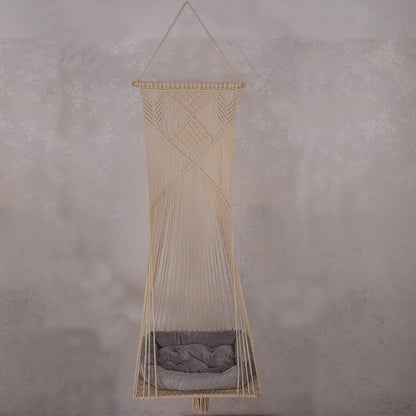 Sdjazl Macrame Hanging Cat Hammock Bed Cat Swing House Space Saving Window Perch with Washed Cotton Cats Toy Tassel Basket Tapestry (Beige, Swing Bed+Cushion)