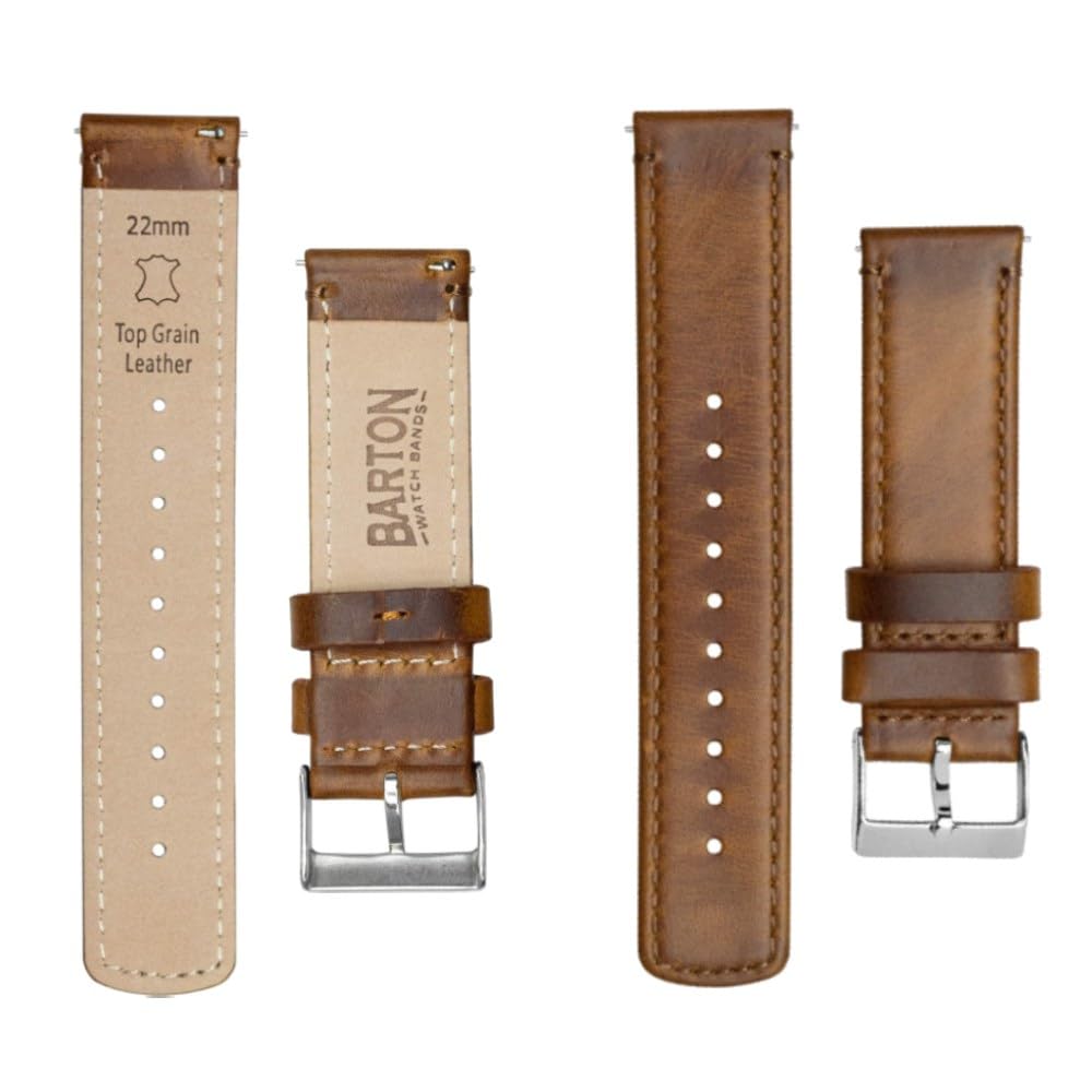 BARTON WATCH BANDS Quick Release Top Grain Leather Watch Band Strap, Caramel Tan Leather, 22mm