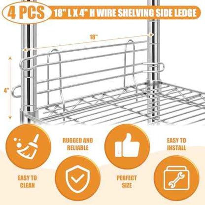 4 Pcs Chrome Wire Shelf Ledge 18" L x 4" H Wire Shelving Side Ledge Metal Shelves Accessories Pantry and Garage Storage (Silver)