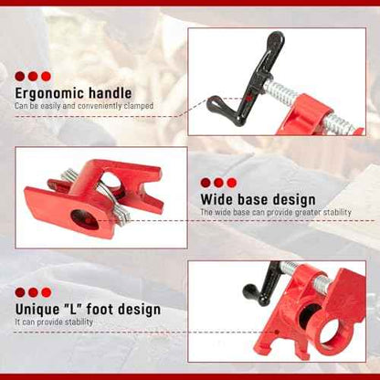 Pipe Clamps 3/4 inch 6 Pack Pipe Clamp with Unique Foot Ideal for Carpentry, Home Improvement, and DIY Projects Wood Gluing Clamps (Red, 3/4 IN)