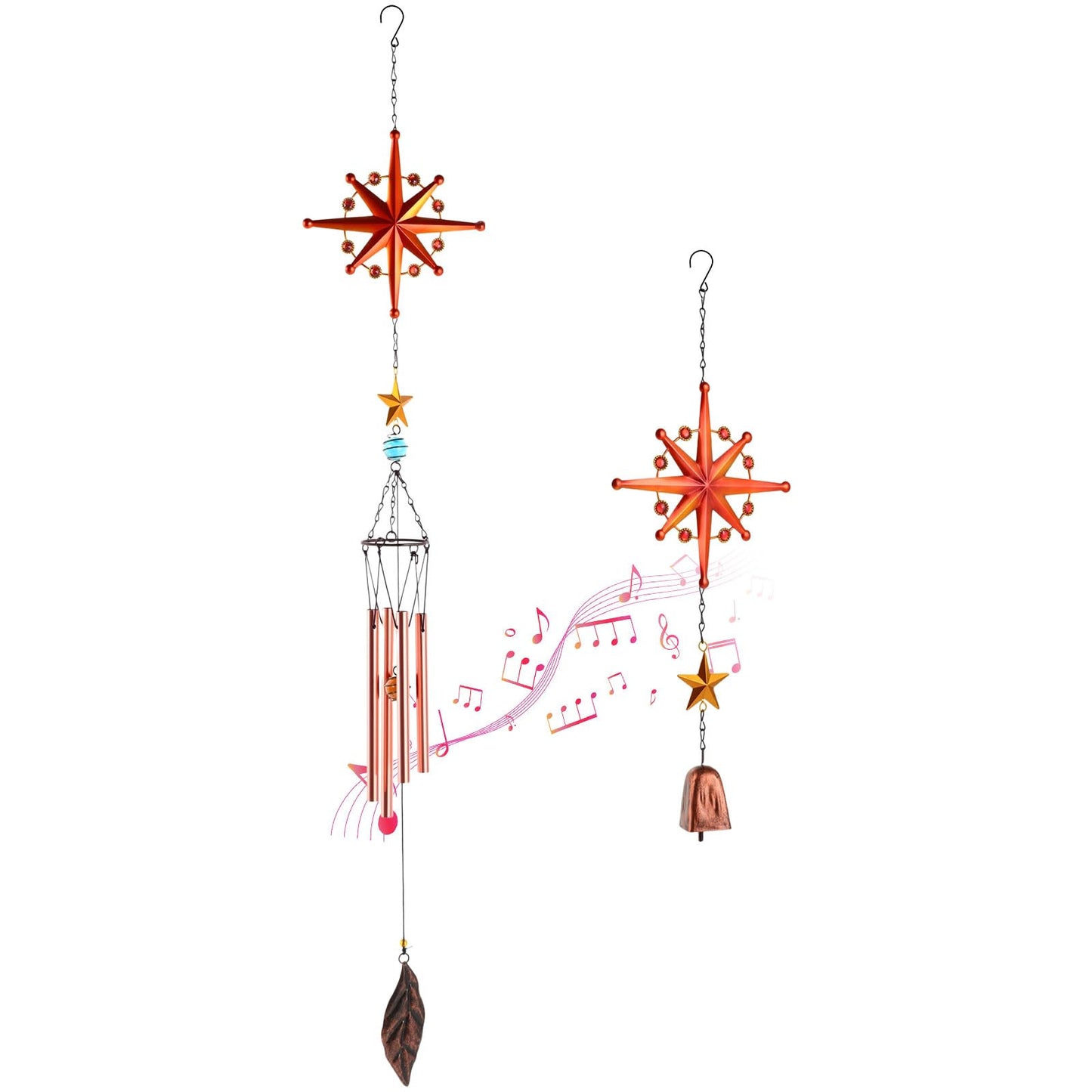 Novabright 2 Pack Star Wind Chimes Set for Outside, 40.9 Inch Large Chime with Mini Wind Chime Ornament, Rustic Metal Hanging Patio Decor for Garden Porch Yard, Decorative Gift