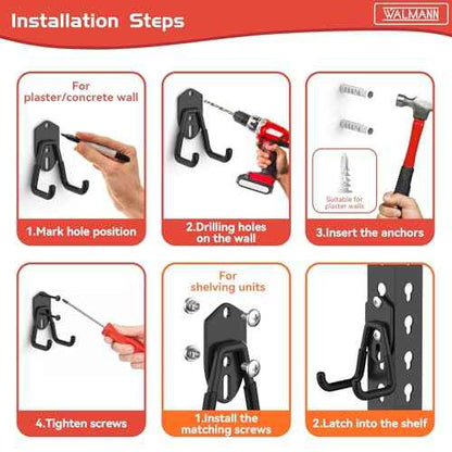 WALMANN 12 PCS Garage Storage Hooks, Wall Mount Utility Hooks for Tools, Ladders, Cords, Folding Chairs, Shovels and Rakes, Shelving Hooks for Keyhole Shelving Units(Black)