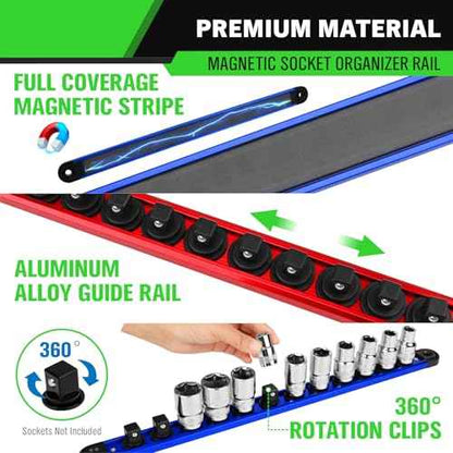 4-Piece Magnetic Socket Organizer Kit, 1/4'' 3/8'' 1/2'' Heavy Duty Socket Holder Holds 40 Clips, Aluminum Sockets Rail for Tool Box Drawer with 1/4'' Slidable Drill Bit Organizer Holds 40 Bits