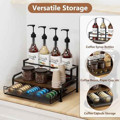 Coffee Syrup Rack Organizer, 3-Tier 8 Bottles Syrup Rack with Pod Holder Drawer for Nespresso Pods, Holds up to 30 Big or 40 Small Capsules, Countertop Coffee Bar Organizer for Kitchen Cafe