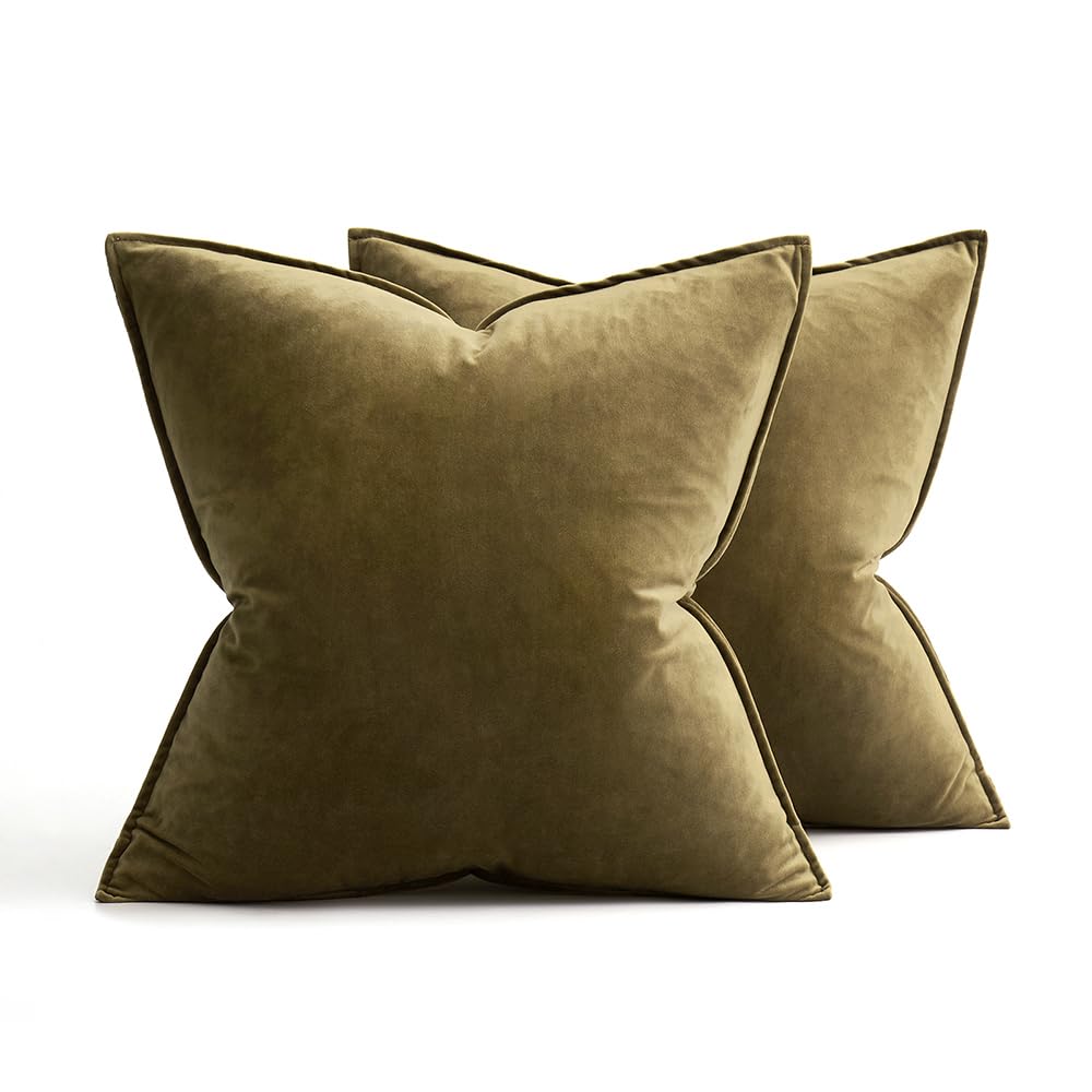 MIULEE Olive Green Velvet Throw Pillow Covers 22x22 Soft Decorative Solid Square Cushion Cases Pack of 2 Modern Luxury Home Decor for Couch, Sofa, Bedroom