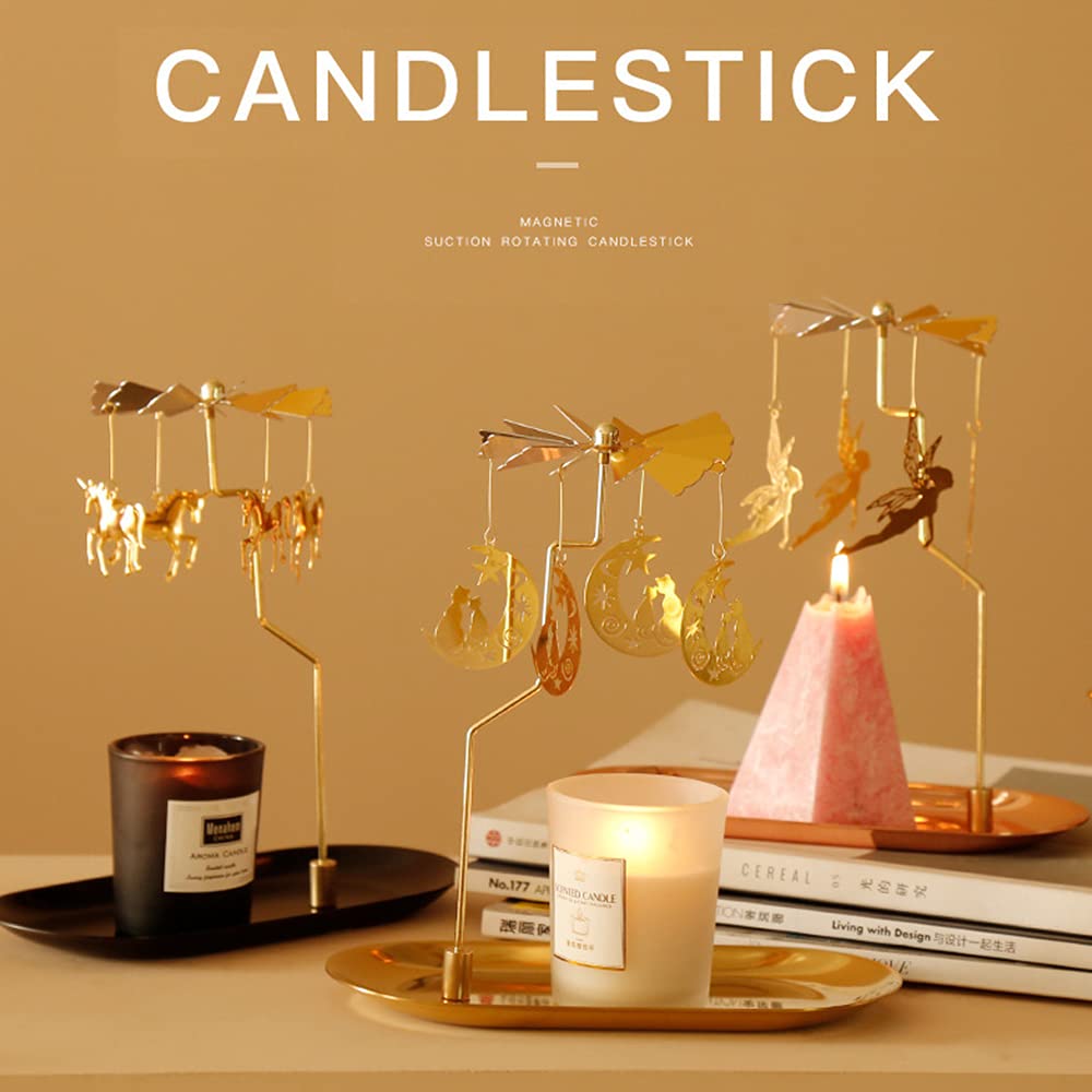 Creahaus Spinning Candle Holder with Tray, Glod Carousel Candle Spinner, Rotating Metal Tea Light Candle Holder for Table Centerpiece, Christmas, Valentine's Day, Party Decor, Gift (Gold Elves)