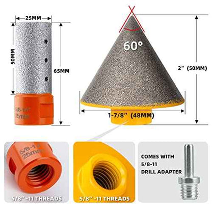 Diamond Beveling Chamfer Bits with 5/8-11" Thread Adapter, 1-7/8"(48mm) Chamfer Cone 25mm Diamond Finger Milling Bit, Diamond Countersink Drill Bit for Existing Holes Enlarging Shaping Trimming