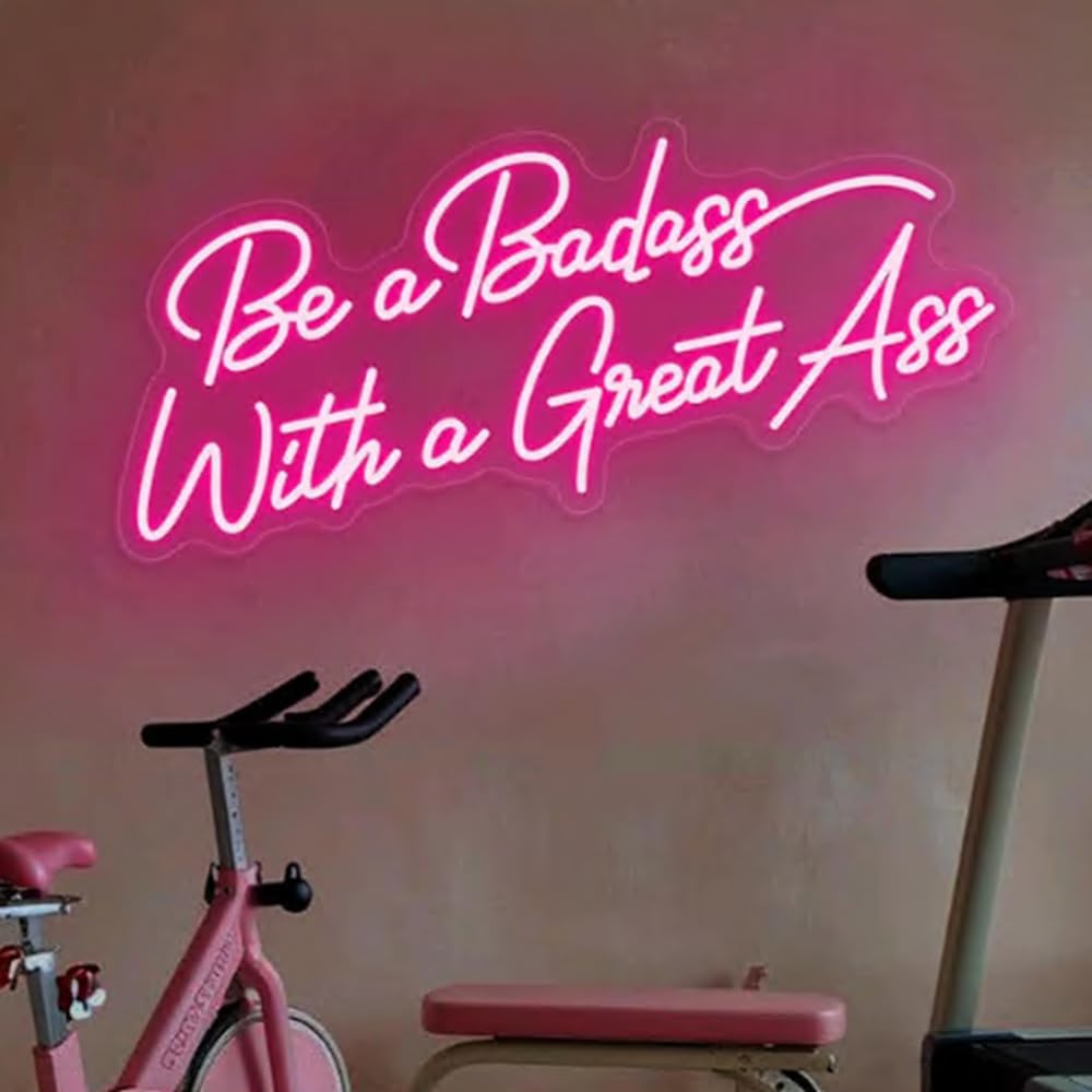 Be A Badass With A Good Ass Neon Sign, Custom Home Gym LED Neon Light Workout Yoga Bar Fitness Club Wall Decor Art, Gift For Gym Lover Size:25.5" x 12.5"