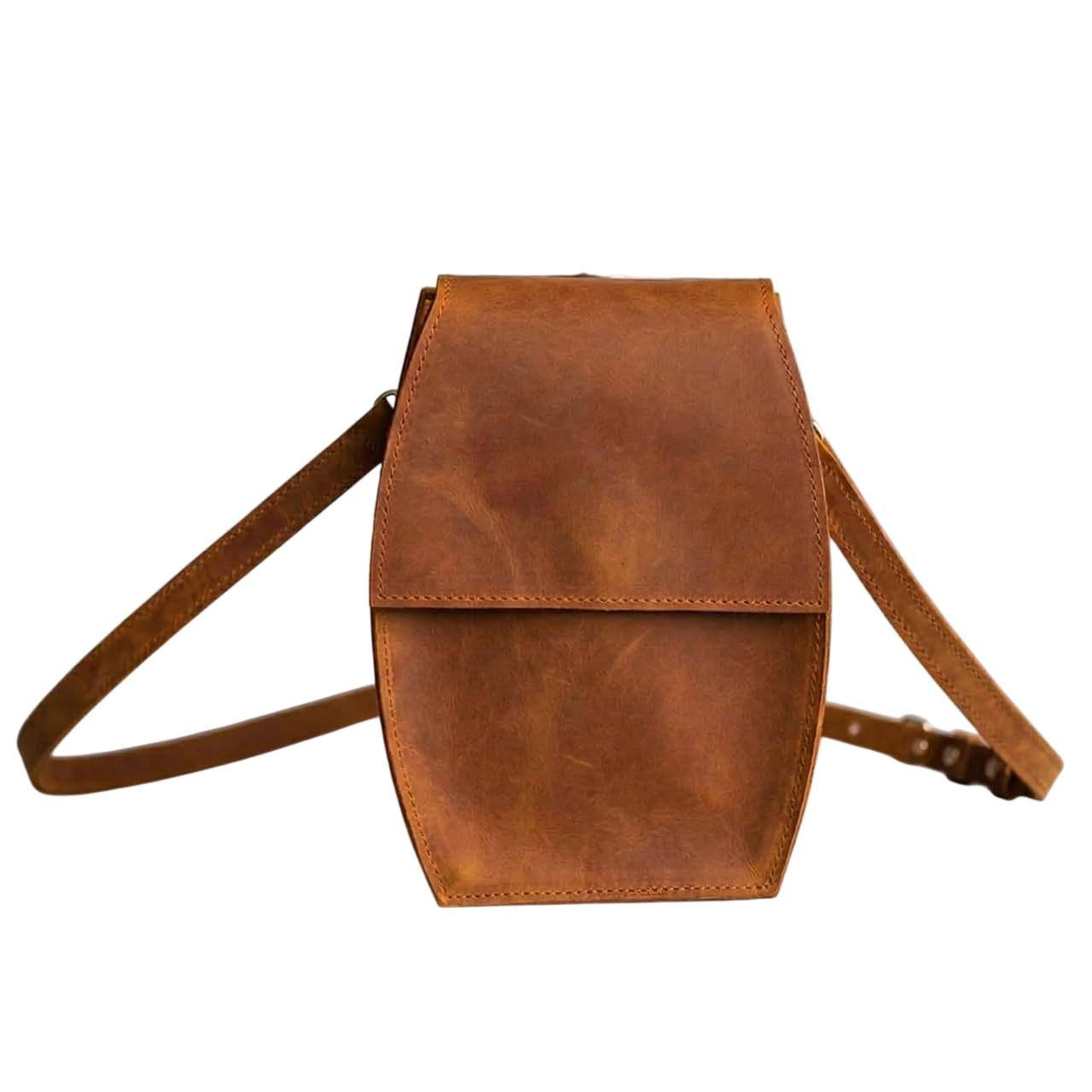 Leather Crossbody Bottle Bag – Genuine Leather Water Bottle Holder with Adjustable Strap, Slim Travel Drink Carrier Pouch for Walking, Hiking & Festivals (Bottle Not Included), Warm Brown